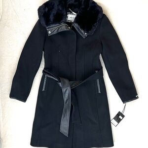 NWT Nine West Women's Navy Blue Long Wool Coat Fur Collar:, $230, Size Small